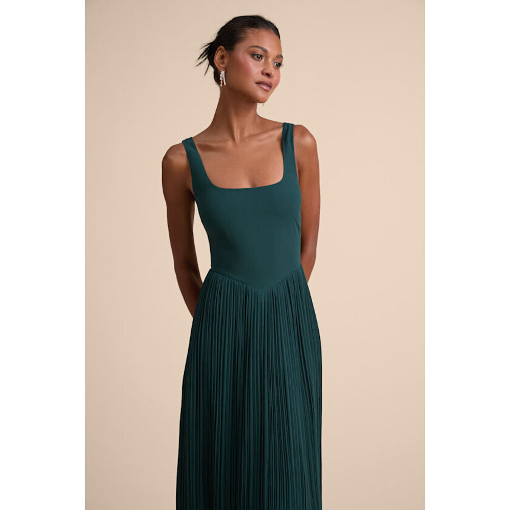 Lulus Naroah Emerald Green Square Neck Pleated Maxi Dress - Size L